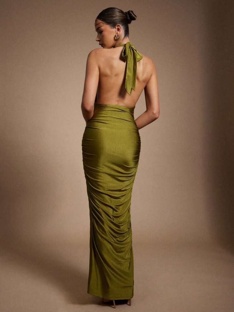 Hauture Vestido largo de satén verde oliva con escote halter cruzado al frente para salir de noche en verano - Verde - Añade 4