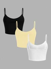 Comfortcana 3 件套女士黑色、黄色、白色紧身短款休闲吊带背心，适合夏季 - 彩色 - 查看 2