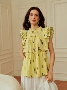 SHEIN Clasi 2025 Summer French Ruffle Collar Ditsy Floral Short Sleeve Blouse,Yellow Boho Tea Party Holiday,Suitable For Dates,Outings,Vacations,Banquets,Weddings - Yellow - View 7