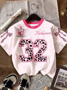Set de 2 camisetas de manga corta con cuello redondo para niñas preadolescentes con estampados de rayas, números, letras, lazos y estampado de leopardo, ropa de calle vintage, de vuelta al colegio, estilo coreano, ropa de invierno, grunge, lindo estilo Y2K, vibraciones de playa neón, hippie bohemio para festival de música
