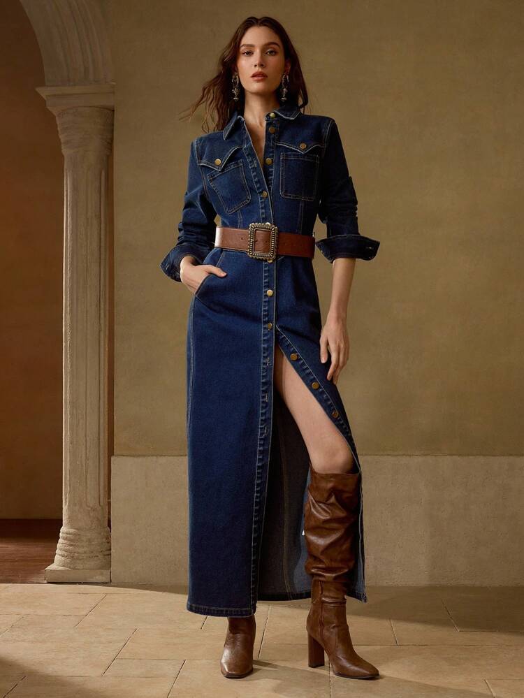 BUTTON UP SLANT POCKET DENIM DRESS