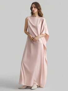 Ontre 女式新款优雅斗篷斗篷船领粉色缎面喇叭裙连衣裙，春夏