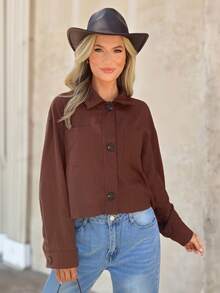 SHEIN LUNE Women Casual Fashion Versatile Commuting Minimalist Brown Button Up Shirt Christmas Business Western Wear Country Teacher In Fall/Winter - Brown - View 3