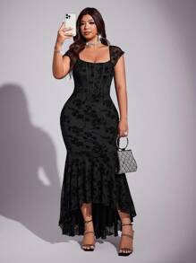 Viva Relle 大码女式弹力紧身优雅派对/生日/场合美人鱼蕾丝网眼吊带裙，适合秋冬夏季 - 黑色 - 查看 1