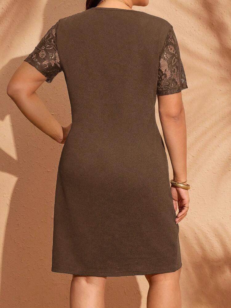 Plus Size Women Elegant Solid Color  Short Sleeve Lace Patchwork  Mini Dress,Summer Holiday,Vacation Outfits Women,Simple And Fashionable For Everyday Wear,Vacay Vibes,Springbreak,Casual Wear SS,Bohemia,Going Out Outfits,2025 New Clothes,Fall Women Clothes,Brown Lace Dress