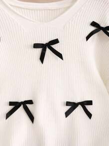 SHEIN Tween Girl Casual Fashion Cute Sweet V-Neck Loose Knit Cropped Sweatshirt With Bow Decor,In Fall/Winter