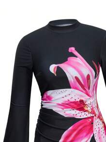 Swim Mulvari 女式夏季简约布基尼套装，修身显瘦，花卉印花，长袖和裤子，腰部褶饰，两件套泳衣 - 黑色 - 查看 8