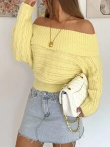 Siren Gaze Suéter amarillo de hombros descubiertos para mujer, suéter casual de punto de unicolor con detalle de torsión en los hombros para mujer - Amarillo - Ver 3