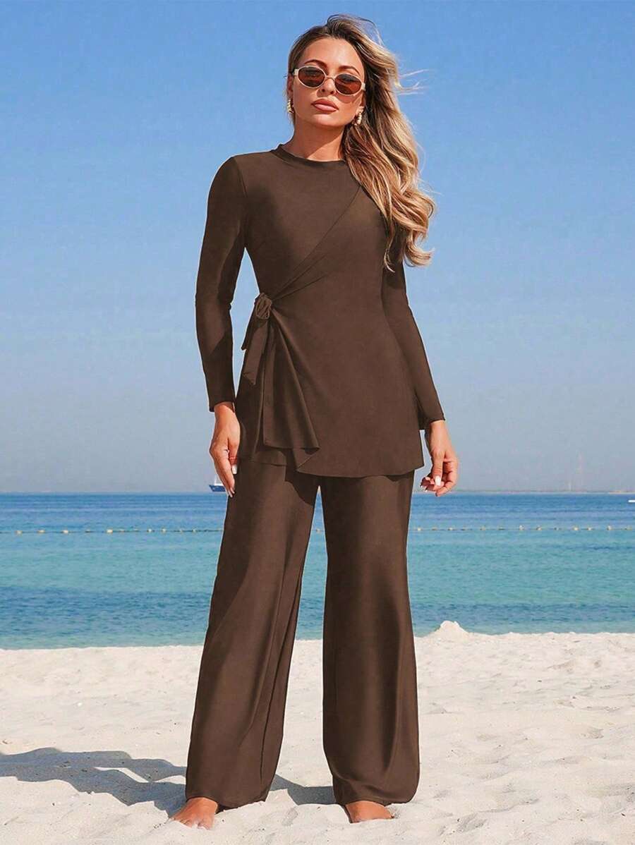 Swim Mulvari Bộ 2 món cho nữ Áo thun dài tay cổ tròn màu trơn mới có dây rút bên hông và quần bó, trang phục Burkini đi nghỉ dưỡng kín đáo cho quý cô - Cà phê nâu - Xem 1