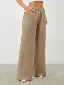 SHEIN PETITE 女士纯色抽绳腰口袋阔腿宽松休闲裤 - 卡其色 - 查看 6