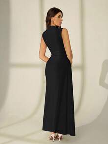 SHEIN Tall 情人节新款白色立领无袖褶皱 A 字长裙，优雅浪漫约会和工作装，女士夏季连衣裙，茶会礼服，白色毕业礼服 - 黑色 - 查看 3