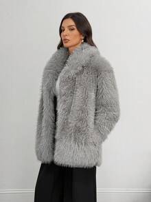 SHEIN Tall Women's Solid Color Faux Fur Jacket, Fashionable For Autumn/Winter Grey Faux Fur Coat