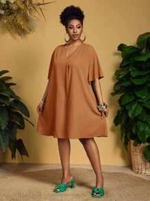 Slaydiva 新款优雅休闲/商务休闲女式短袖雪纺V领宽松荷叶袖连衣裙，秋季女装 - 棕色 - 查看 8