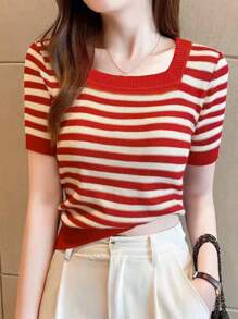EMERY ROSE Striped Knitted Top, Suitable For Daily Wear In Summer For New Year Clothes - Red - View 4