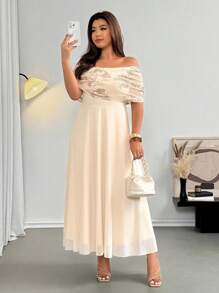 Firerie Plus Size Women's Elegant Delicate Romantic Wedding Guest Party Gown, Textured Fabric Off Shoulder Draped Ruffle Embroidered Mesh Maxi Dress, Summer - Apricot - View 4