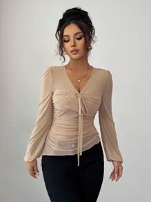 Elenzga Elegant Ruffle V-Neck Lantern Sleeve Women T-Shirt Fall Cloth For Women - Camel - View 3