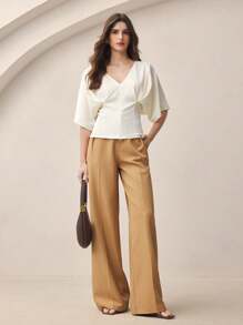 BizChic 2025 年夏季新品女士休闲商务优雅连衣裙，适合海滩度假、婚礼宾客、乡村音乐节、早午餐、机场，90 年代复古斯德哥尔摩风格，极简主义美国独立精神，修腰白色衬衫 - 米色 - 查看 3