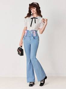 ROMWE EDITION Quần jeans ống loe cạp cao buộc dây thời trang thường ngày dành cho nữ - Rửa nhẹ - Xem 6