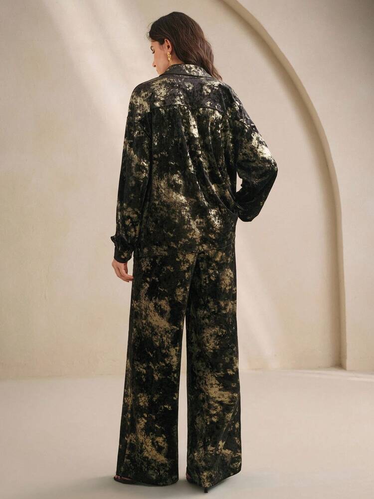 Women's Autumn/Winter Set, Elegant Vintage Luxury Party Metallic Embroidery Velvet Blouse And Wide Leg Pants Suit, Suitable For Halloween, Christmas