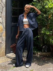 DAZY Women's Western Cowgirl Distressed Washed Loose Short Sleeve Collared Shirt And Wide Leg Pants Casual Vacation Suit, Spring/Summer - Blue - View 4