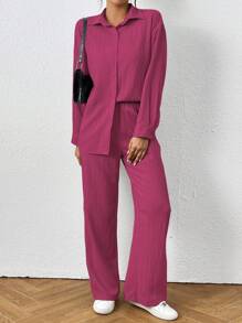 SHEIN PETITE 女式纯色长袖单排扣衬衫和裤子休闲两件套 - 玫紅色 - 查看 4