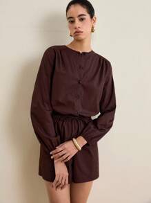 INAWLY Casual Solid Color Waist Cinched Romper Fall Cloth For Women - Brown - View 6
