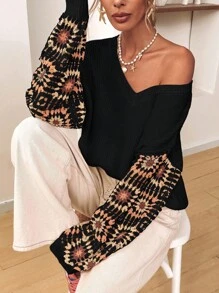 SHEIN VCAY Plus Size Women Crochet Floral Drop Shoulder Loose V-Neck Pullover Sweater, Casual For Home & Travel, Autumn/Winter, White Fall