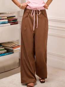lacRébo Brown Wide-Leg Trousers With Layered Look And Contrast Striped Waistband Going Out Back To School Spring Summer - Brown - View 4