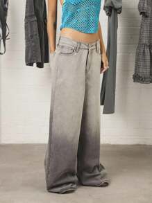 COUREZ Low Rise Light Acid Wash Baggy Jeans /Y2K  Clothes Women Streetwear Wide Leg Pants Baggy Jeans Vintage - Grey - View 3