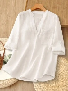Rusticease 女款V領素色紋理面料休閒夏季襯衫 白色V領女裝上衣 女款亞麻襯衫 白色女裝上衣 秋季女裝 商務休閒女款鈕扣襯衫 女款鈕扣襯衫 女款夏季襯衫 V領女裝上衣 秋季女裝 秋季女裝 秋季女款 - 白色 - 查看 6