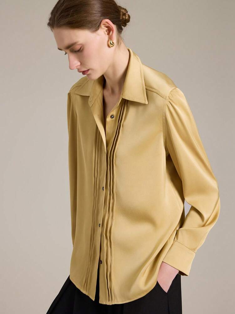 2025 New Autumn/Winter Apparel, All Season Wear, Winter, Back To School Looks, Halloween & Christmas, Women's Teacher Attire, Casual Outings, Night Out, Wedding Guest Formal Wear, Elegant Wedding Guest, Church Attire, Women's Business Casual, Versatile Basics, Blouse With Collar Stripe Decor, Shell Buttons, Autumn Leaf Yellow Shirt