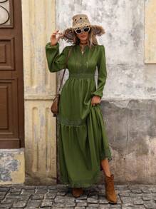 Brillora 女式纯色简约长袖休闲连衣裙 - 橄欖綠 - 查看 4