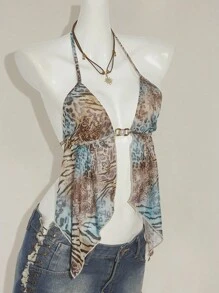 SHEIN ICON 复古豹纹露背挂脖无袖上衣，侧开衩下摆