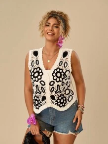 SHEIN TRVLCHIC Plus Size Nữ Màu sắc tương phản Áo thêu hoa không tay thông thường Áo vest - Nhiều màu - Xem 6