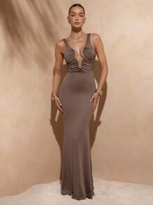 Hauture Sexy Summer Basic Resort Vacation Organic Hallow Out Mermaid Maxi Dress - Brown - View 1