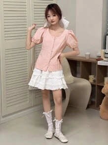 Dazy Kids 少女可爱泡泡袖衬衫，秋装 - 粉色 - 查看 6