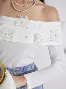 Modelyn 女士优雅3D花卉装饰露肩长袖T恤返校国庆节返校夜出秋季女装韩版露肩长袖单肩立体花卉风格韩版针织上衣 - 白色 - 查看 2