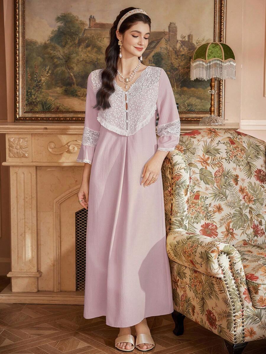 PalaceNights 优雅粉色长款睡裙，蕾丝边饰V领设计，女士睡衣连衣裙，秋冬款 - 粉色 - 查看 1