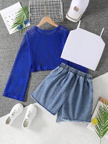 3pcs/Set Teen Girl Casual Daily Street Style Camisole Top, Denim Skort, And Hollow Out Bell Sleeve Top, Spring/Summer Fall Winter - Royal Blue - View 2