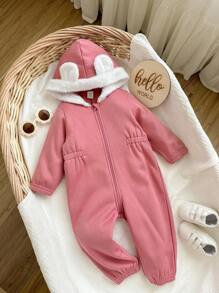 Babygirl 可爱粉色拼接长袖连帽连体裤，秋冬 - 彩色 - 查看 5