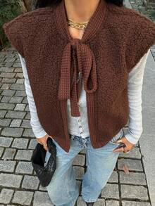 Siren Gaze 人造毛皮组合夹克，带钩针细节和前系带开合，休闲女式无袖背心夹克 - 棕色 - 查看 6