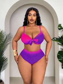 Slaydiva Bộ đồ bơi 3 mảnh cỡ lớn cho nữ, váy in họa tiết ombre ngẫu nhiên, phong cách đơn giản gợi cảm, quần lót cạp cao, bộ bikini xẻ tà thời trang hàng ngày - Màu tím - Xem 4