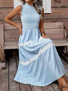 LanaWest 度假休闲条纹蕾丝边无袖连衣裙 - 藍色 - 查看 6