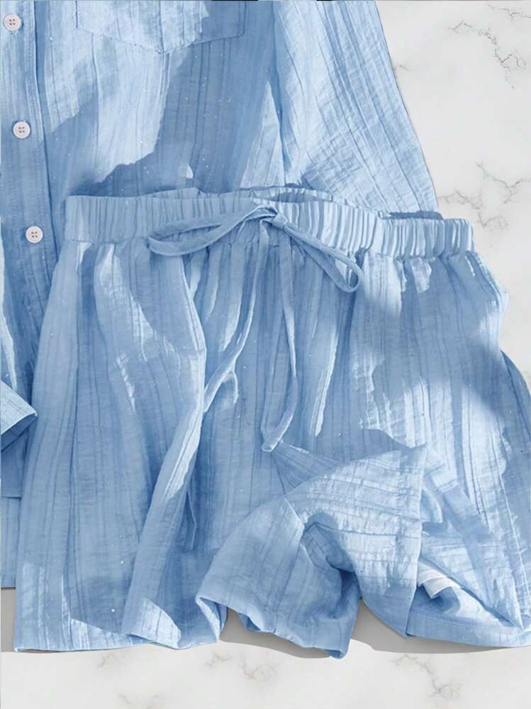 Airaco 2 peças Conjunto de Camisa de Manga Curta com Lantejoulas Brilhantes e Shorts de Perna Larga para Mulheres, Conjunto Casual Leve para Verão - Azul bebê - Visão 3