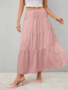 SHEIN Tall Váy Maxi Dài Cho Nữ Lưng Cao Buộc Dây Viền Xếp Nếp Màu Trơn - Hồng - Xem 7