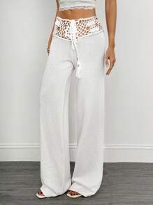 SHEIN Tall Quần len ống rộng đan móc phong cách du lịch giản dị thời trang cho nữ vào mùa thu/đông - trắng - Xem 3