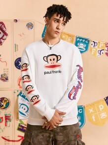 Paul Frank X SHEIN 男士休闲日常街头服饰卡通字母图案落肩宽松套头衫，春秋季 - 白色 - 查看 1