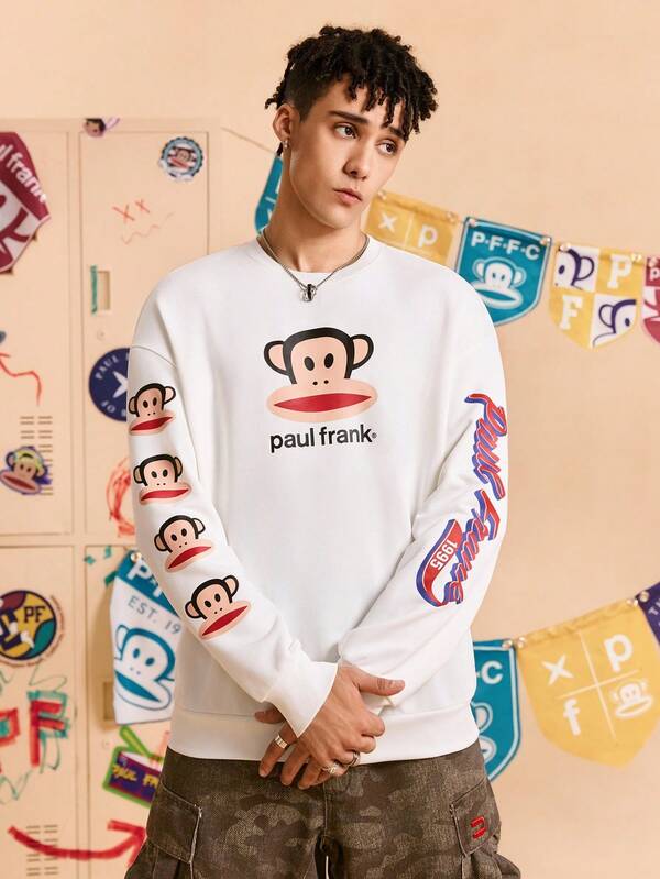 Paul Frank X SHEIN Men's Casual Everyday Street Wear Cartoon & Letter Graphic Dropped Shoulder Loose Pullover, Spring/Autumn