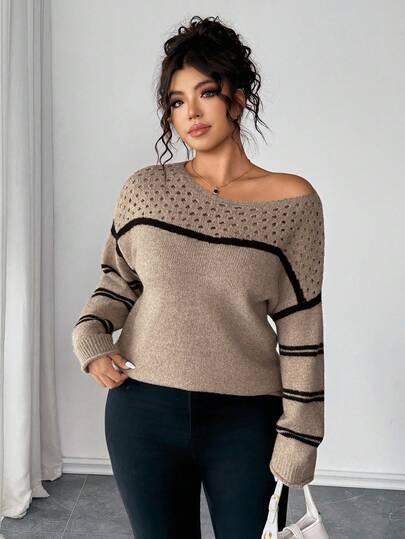 Elenzga Plus Size Women Sweater, Knitted Hollow Out Ribbed Hem Colorblock Striped Long Sleeve Pullover Casual Versatile Sweater Winter Fall Autumn