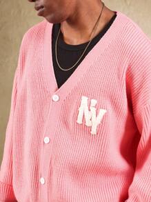 SUMWON Strickjacke im Varsity-Stil mit Knopfverschluss, NY Logo Patch, geripptem Muster, klassisch kollegial für Herbst und Winter, Buchstaben Patch, Langarm Pullover - Pink - Übersicht 3